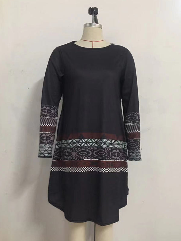 Long Sleeves Striped Contrast Color Printed Round-neck Mini Dresses