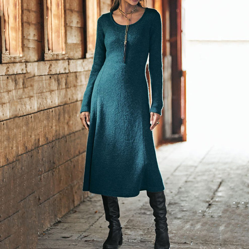 Retro Solid Color Crew Neck Wool Knit Midi Dress elevenforest