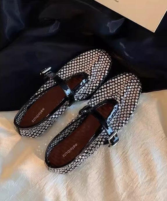 Black Walking Sandals Comfy Splicing Hollow Out Zircon Buckle Strap Aa041
