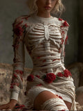 Women's Halloween Skeleton Rose Art Vintage Round Neck Mini Skirt artswardrobe