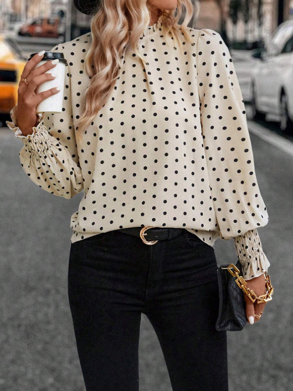 Long Sleeves Loose Elasticity Hollow Pleated Polka-dot Mock Neck Blouses&shirts Tops