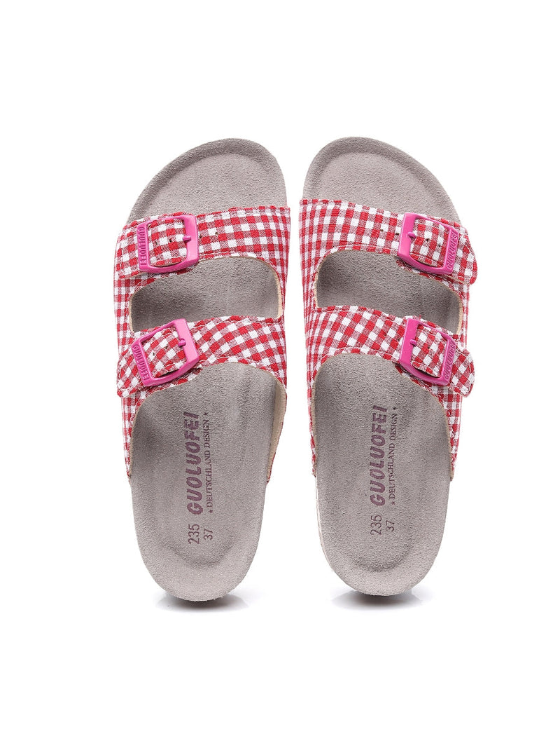Maibulun | Tartan Gingham Double-buckle Sandals Slides - Red