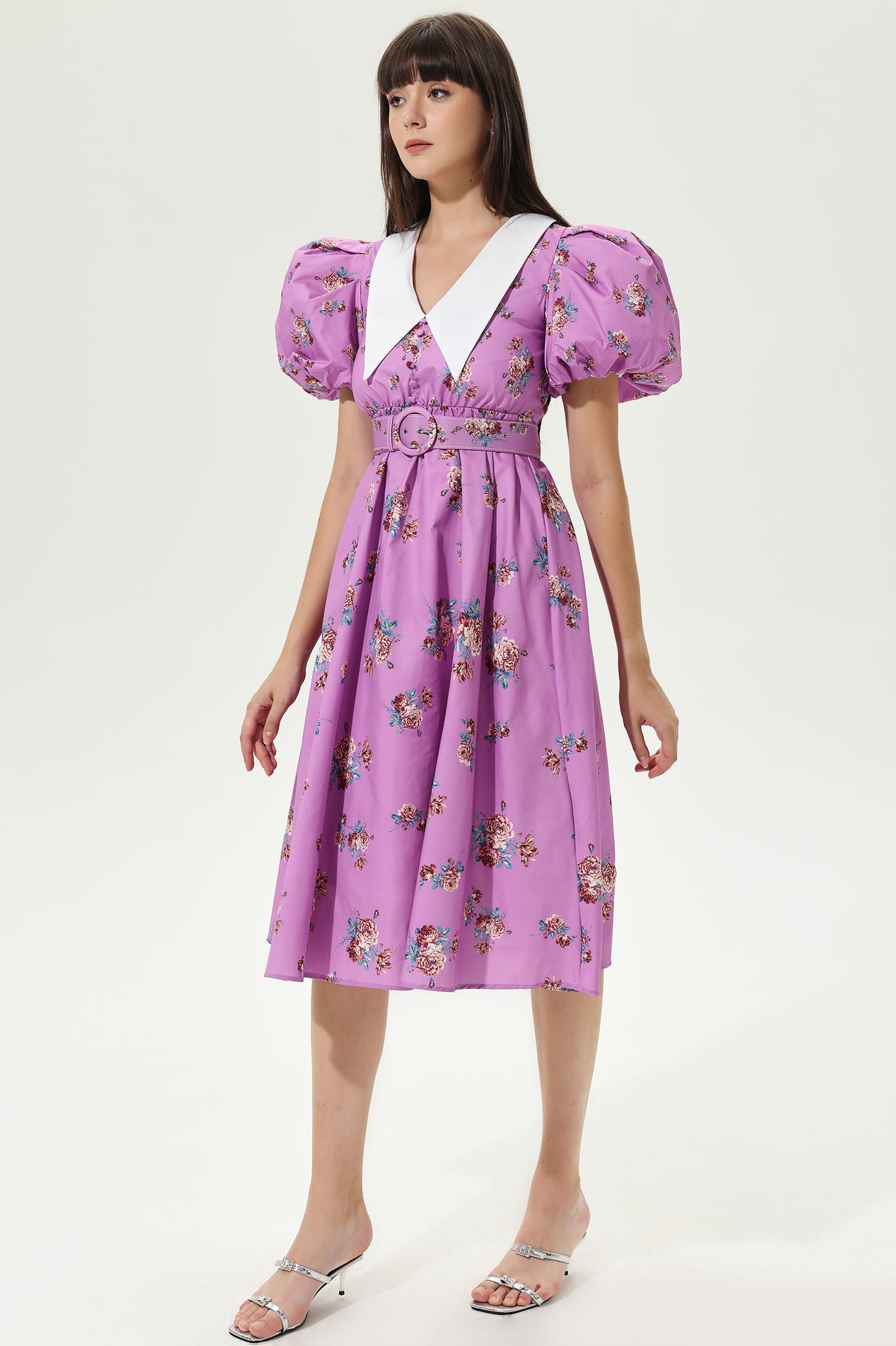 Puff Sleeves V-neck Tapered Waist Midi Dress