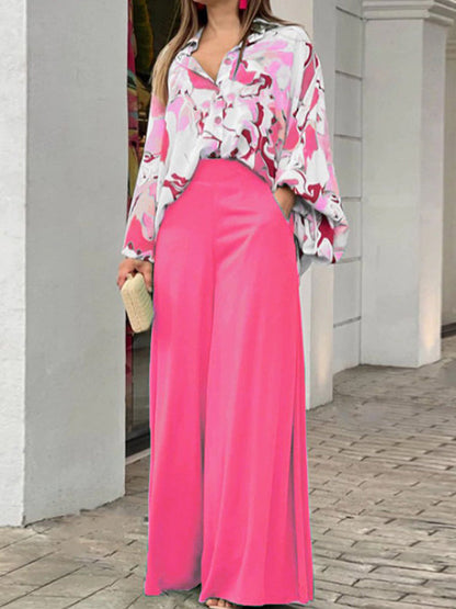 Long Sleeves Printed Blouses + High-waisted Color Wide Leg Pants Trousers Two Pieces Set