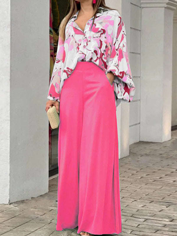 Long Sleeves Printed Blouses + High-waisted Color Wide Leg Pants Trousers Two Pieces Set