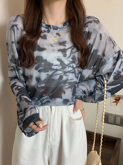 Tie Dye Long Sleeve T-shirts Breathable Summer O-neck Design Mesh Sun-proof Loose Tshirts Korean Style All-match Tops