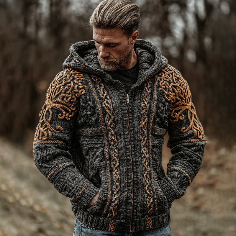 Men's Vintage Viking Celtic Knot Knit Zipper Aran Sweater Hooded Cardigan elevenforest