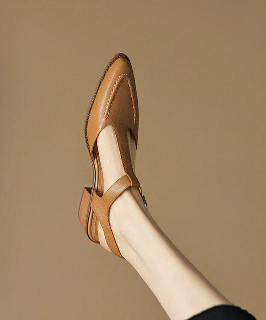 Brown Chunky Sheepskin Simple Splicing Sandals Hollow Out Pointed Toe Ap1015