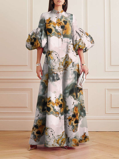 Loose Flower Shape Color Stand Collar Lantern Sleeves Maxi Dresses