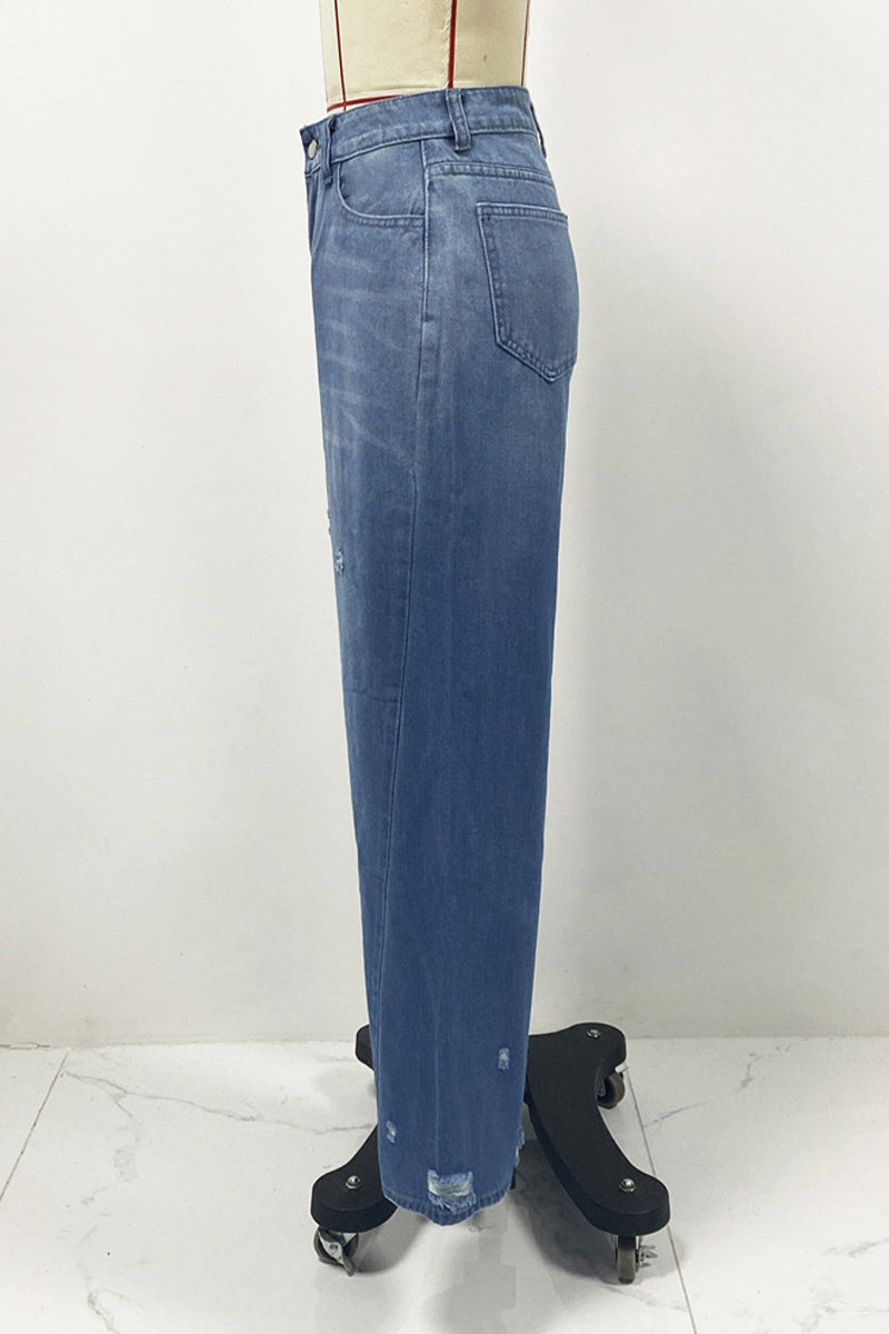 Street Gradient Color Ripped Pocket High Waist Loose Denim Jeans