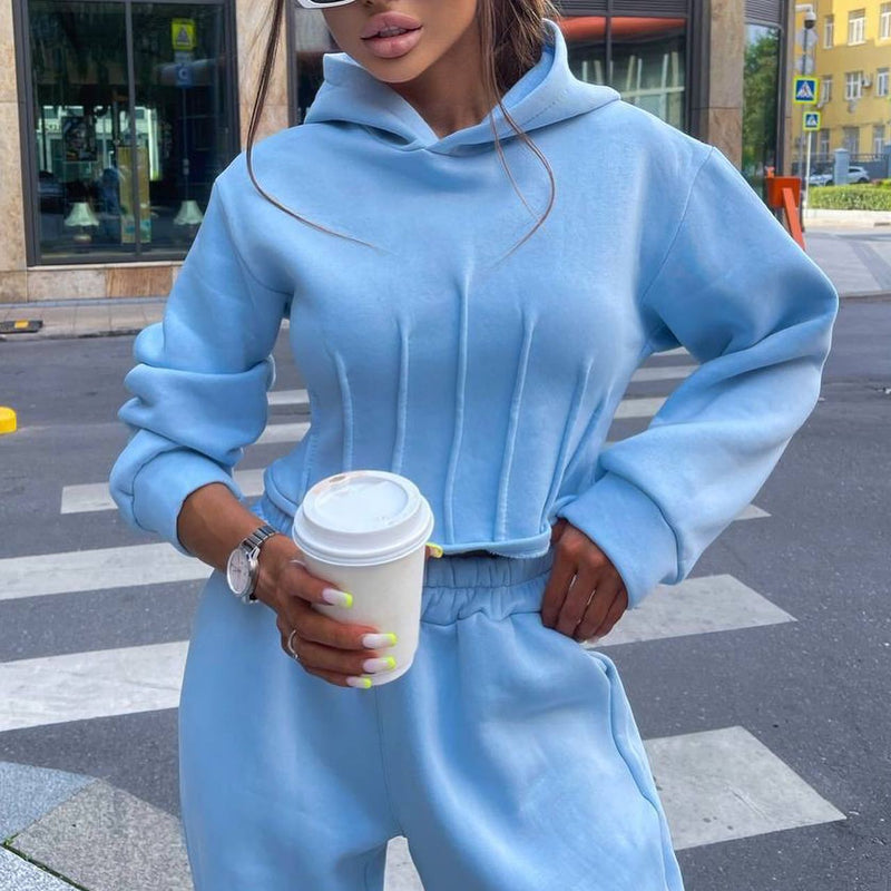 Hoodie Set Fall Winter Cinched Hoodie Sweater Jogger Pants Two Piece Set