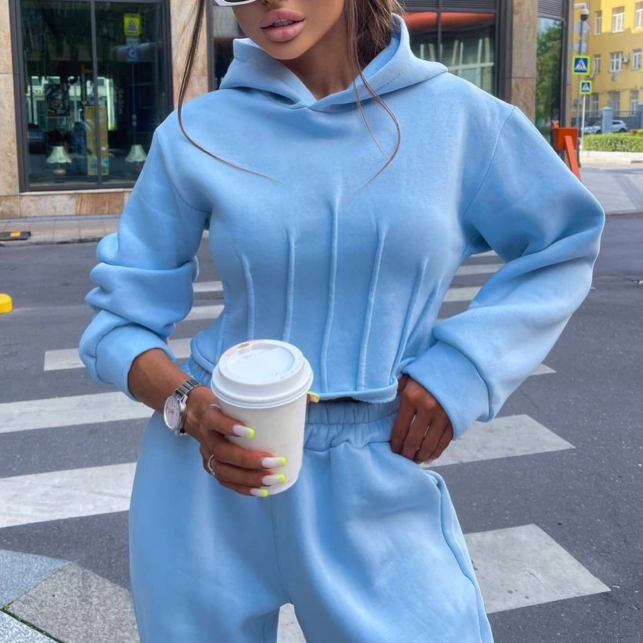 Hoodie Set Fall Winter Cinched Hoodie Sweater Jogger Pants Two Piece Set