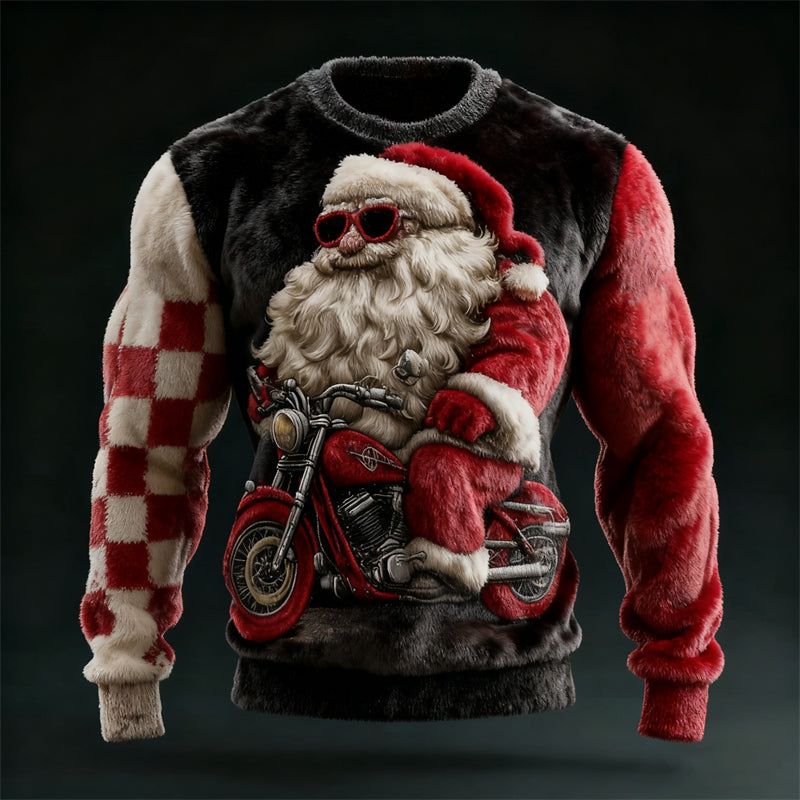 Comstylish Men's Christmas Motorcycle Santa Claus Contrast Cozy Plush Sweatshirt
