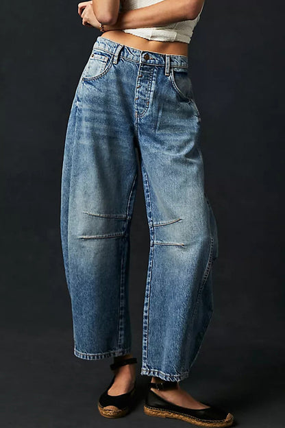 Pocket Without Belt Mid Waist Loose Denim Jeans(no Belt)
