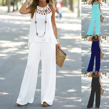 Autumn Spring Mesh Irregular Asymmetric Top Wide Leg Pants Two Piece Set