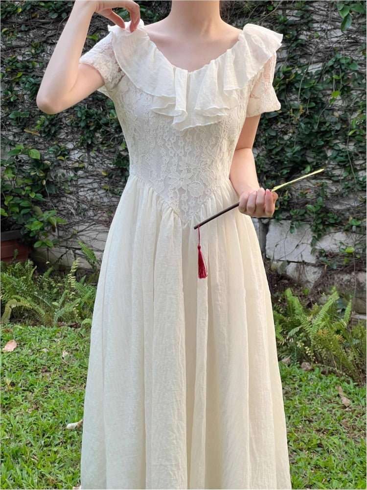 New Summer Off Shoulder Midi Dress Lace Patchwork Ruffles A-line French Prom Robe Vestidos