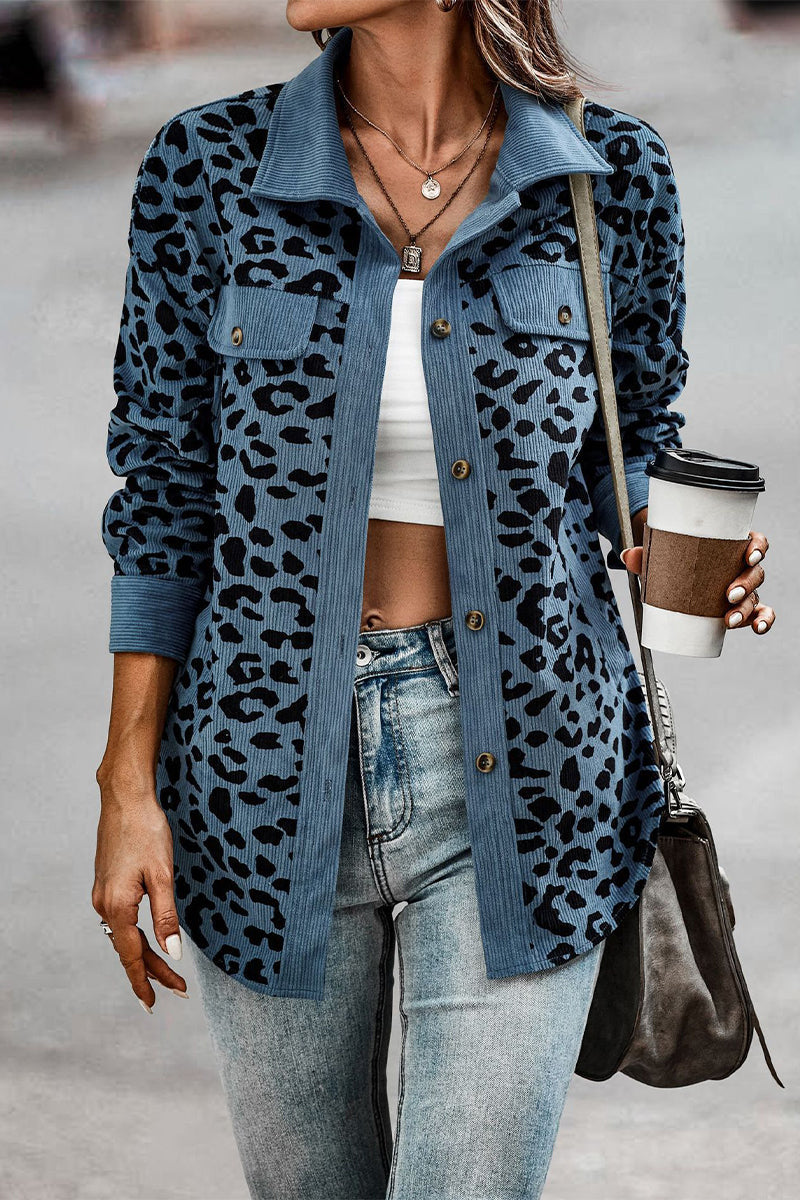 Sweet Leopard Pocket Turndown Collar Tops