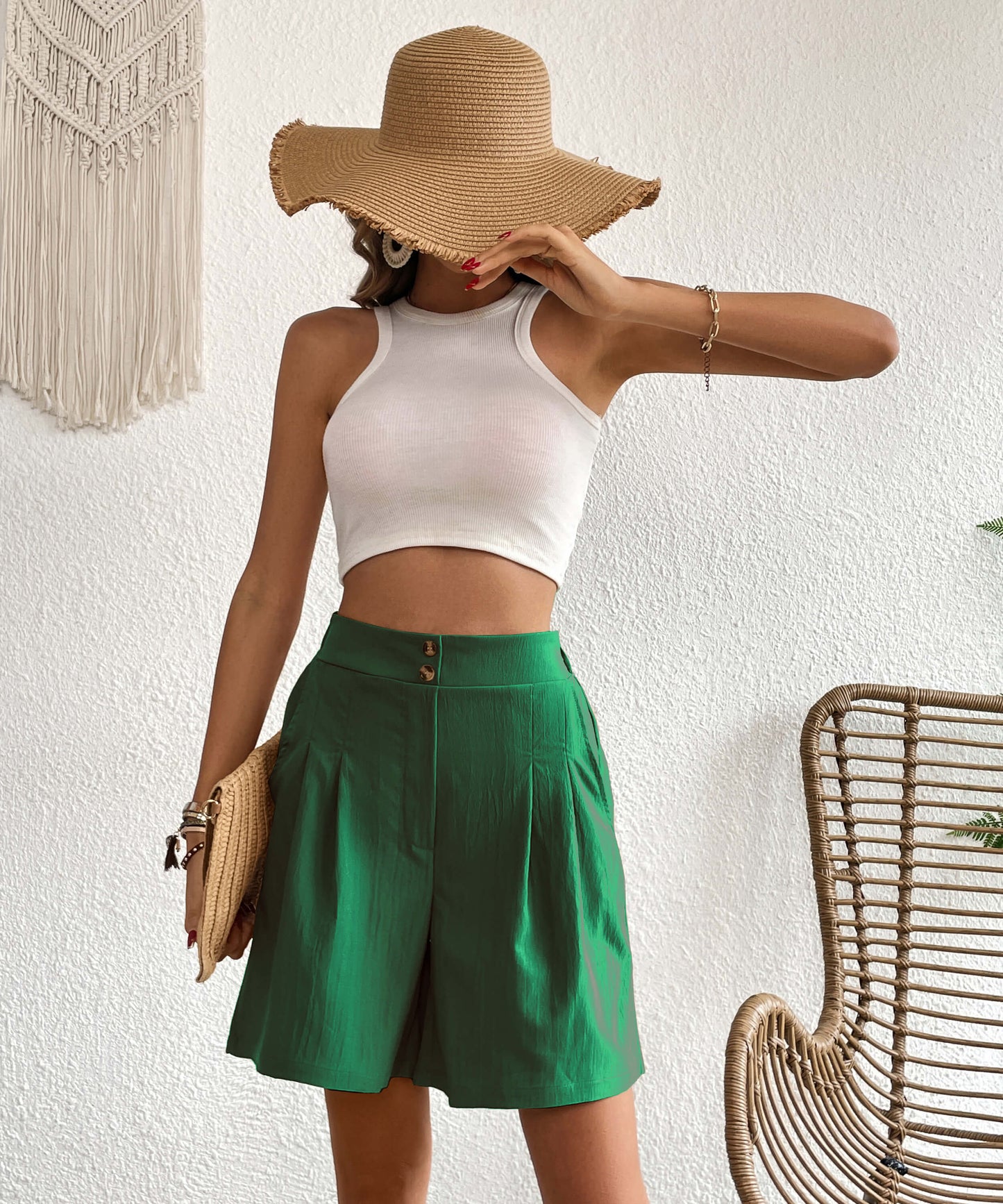 Eden Pocketed High Waist Shorts - Green