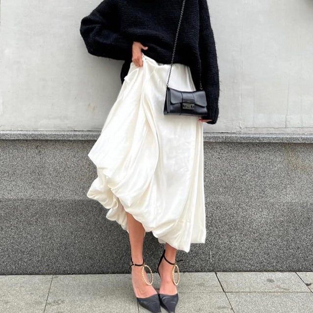 Taruxy Satin High Waisted Skirt for Patchwork Ball Gown Party Long Skirt Color Loose Summer Female
