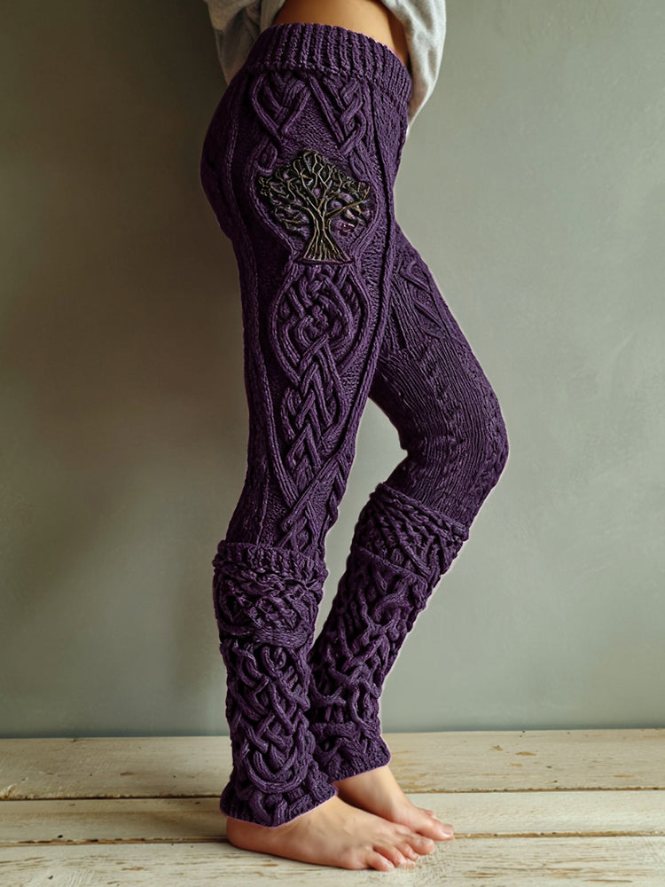 Vintage Viking Tree Of Life Celtic Knot Knit Jacquard Cozy Leggings artswardrobe