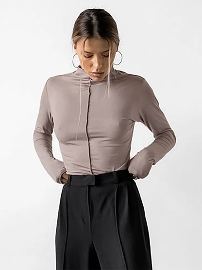 Khaki Basic Tees Elasticity Turtleneck Long Sleeve Pullover Tops Autumn Inner Brown Office