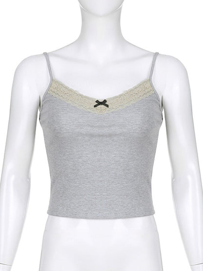 Y2k Bow Knitted Crop Top Lace V Neck Mini Vest Basic Camis Harajuku Grey Sweats Aesthetic Korean Tee