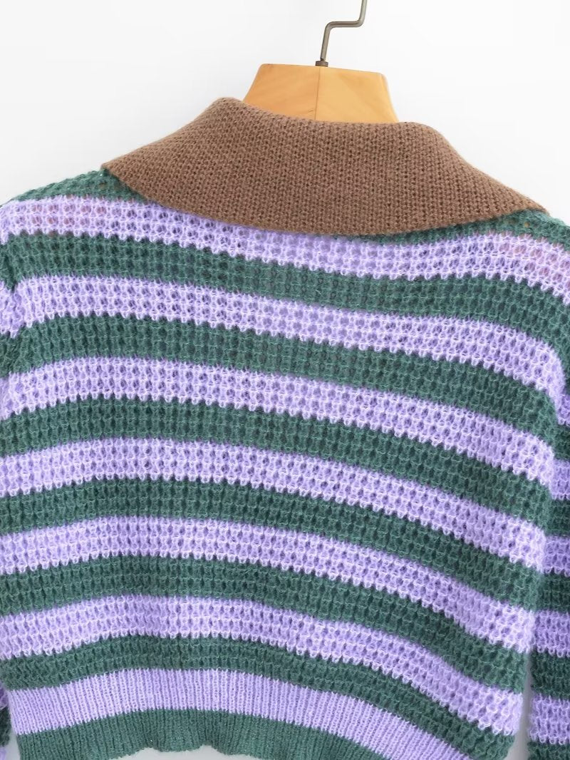 Stripe Contrast Color Lapels Knitted Cardigan – ’s Loose Short Top