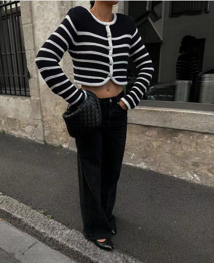 Autumn Winter Round Neck Striped Buckle Arc Sweater Cardigan Coat