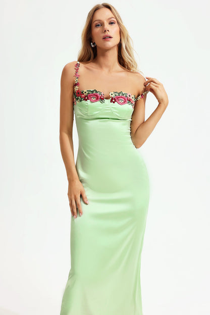 Satin Flower Embroidery Trim Cami Midi Dress Green