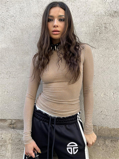 Tossy Glitter See-through T-shirt Female Hollow Out Patchwork Long Sleeve Sequin Pullover Top Sparkle Slim Tee