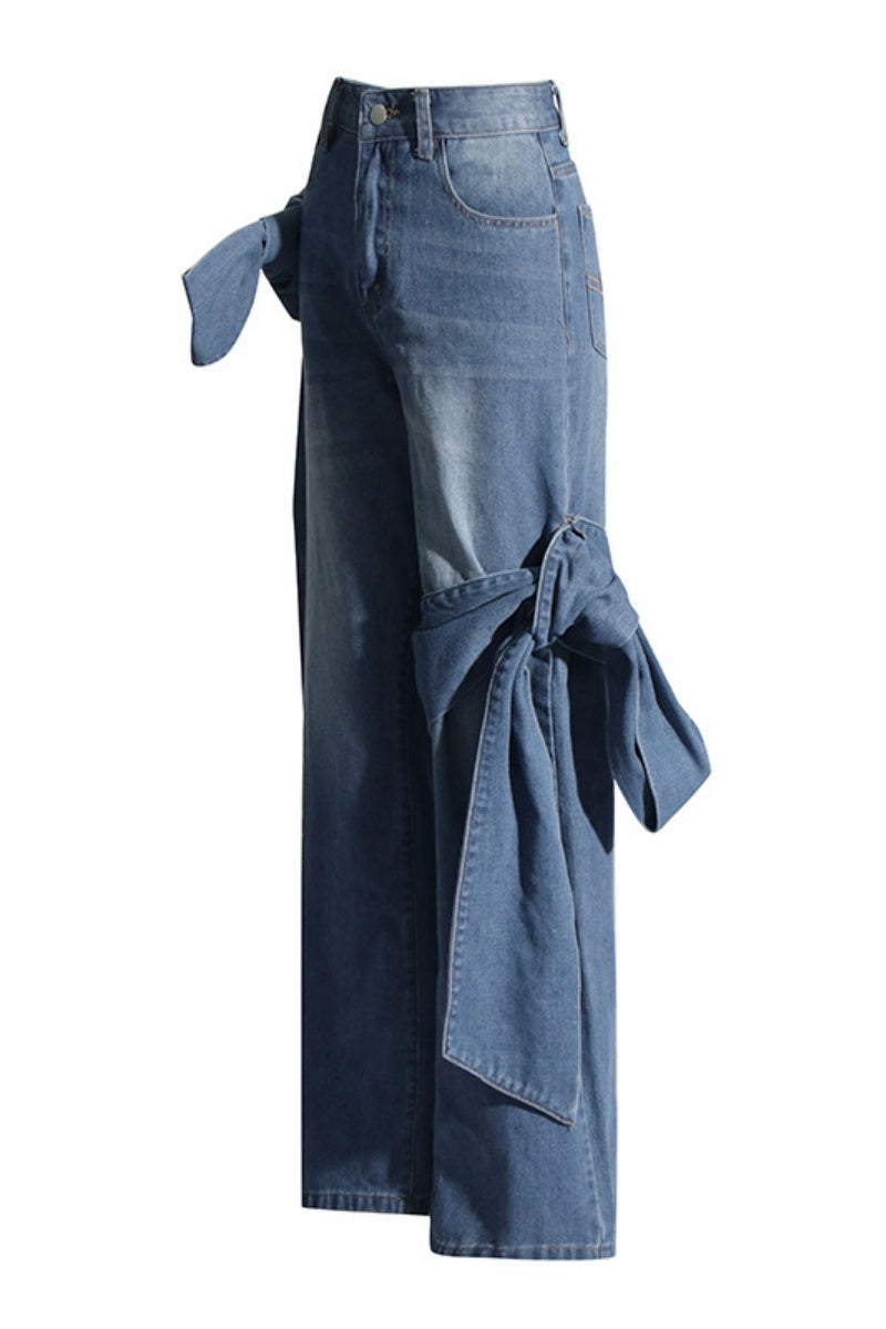 Patchwork Belted High Waist Straight Denim Jeans