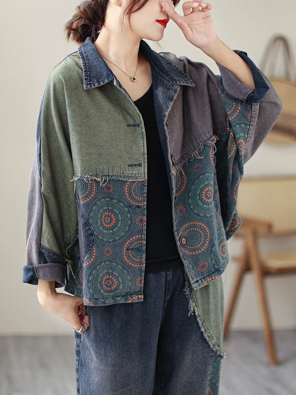 Contrast Color Fringed Split-joint Long Sleeves Printed Outwear + Harem Pants Two Pieces Set