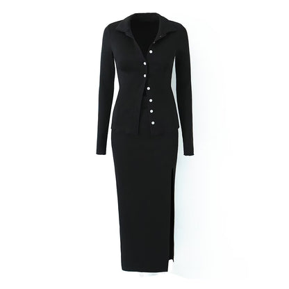 Spring Long Sleeve Collared Single Breasted Knitted Cardigan Slit Sheath Skirt Set