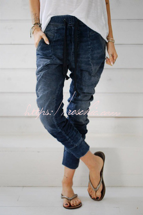 Pocket Tie High Waist Drawstring Elastic Waist Jeans