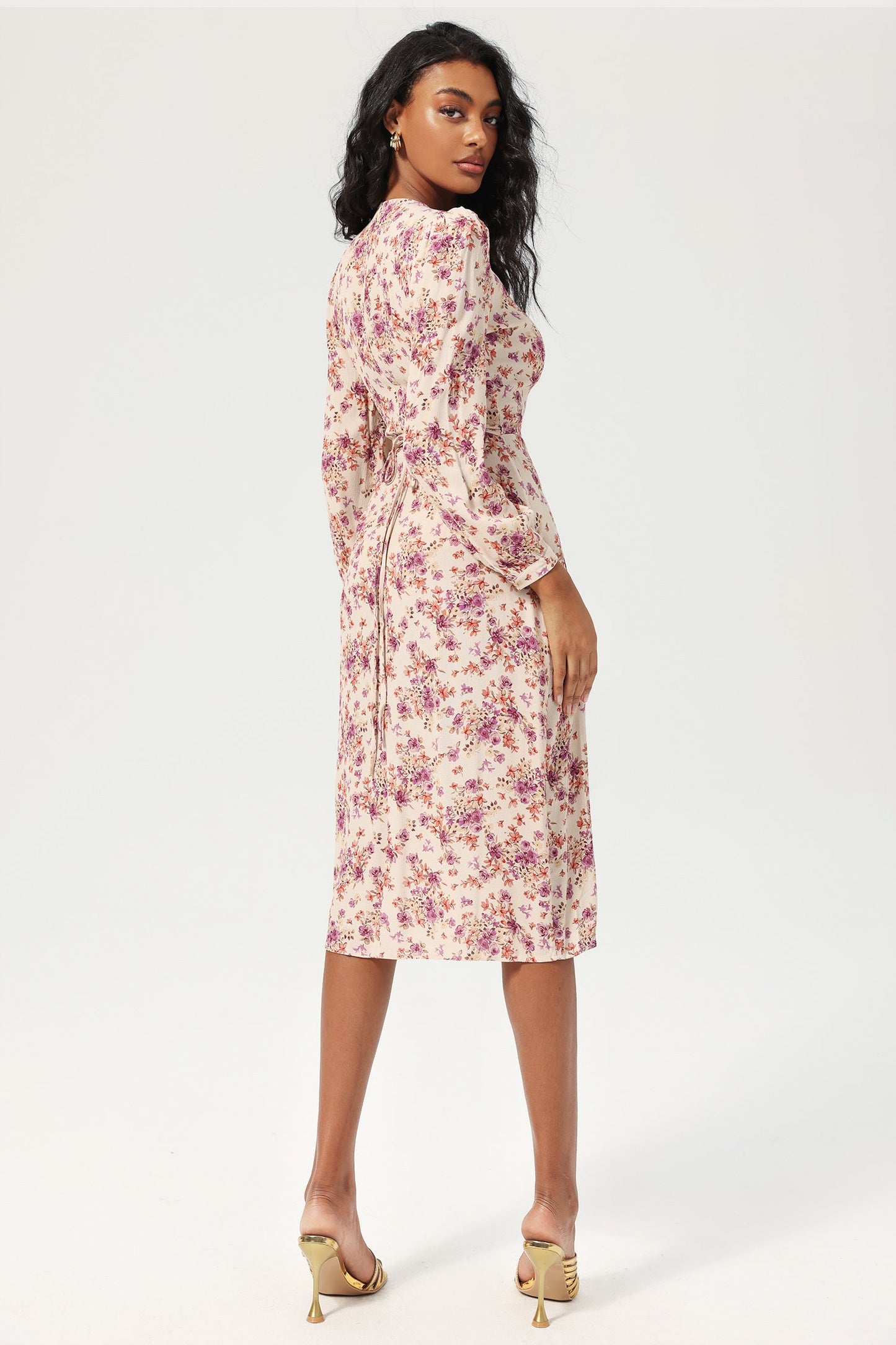 Long Sleeve V-neck Buttoned Lace Up Slit Midi Dress Purple