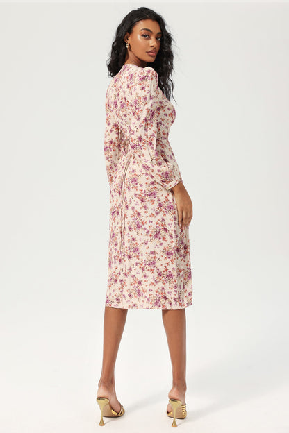 Long Sleeve V-neck Buttoned Lace Up Slit Midi Dress Purple