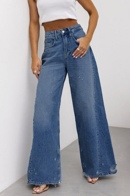 Street Gradient Color Ripped Pocket High Waist Loose Denim Jeans