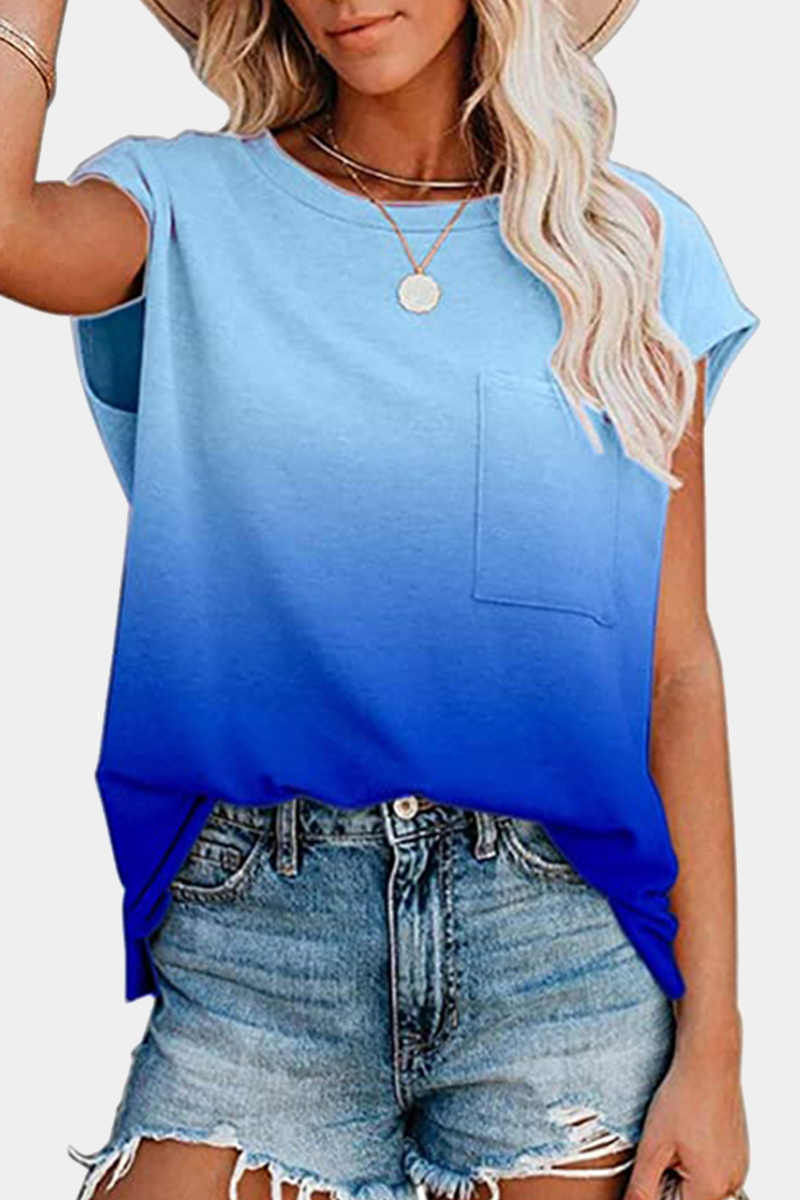 Street Gradual Change Pocket O Neck T-shirts(6 Colors)
