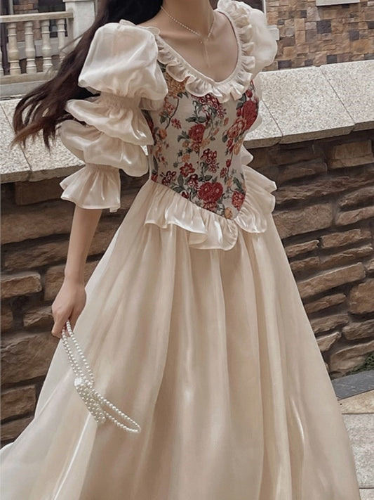 French Midi Dress Patchwork Puff Sleeve Ruffles A-line Autumn Spring Evening Party Prom Robe Vestidos Mujer
