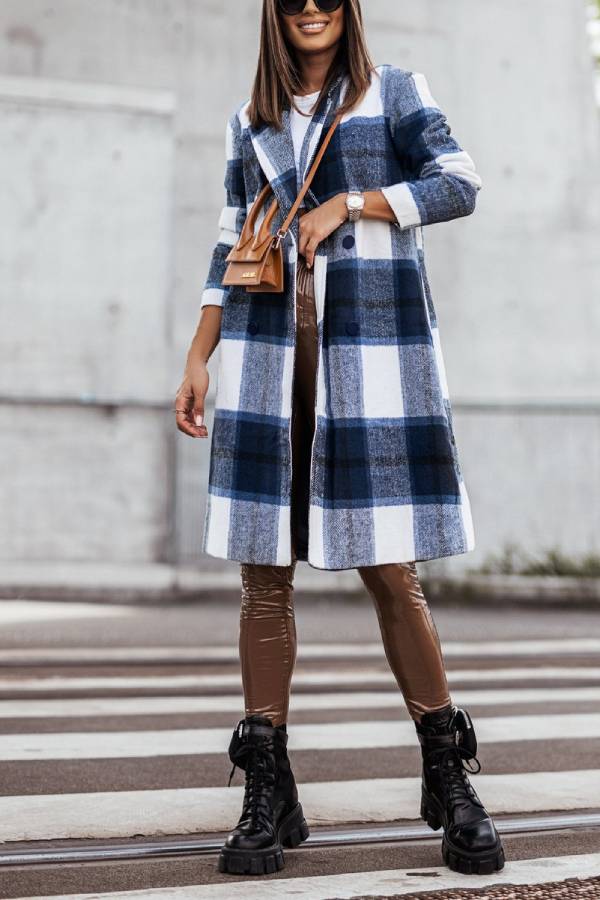 Mid Length Double Breasted Plaid Print Woolen Coat