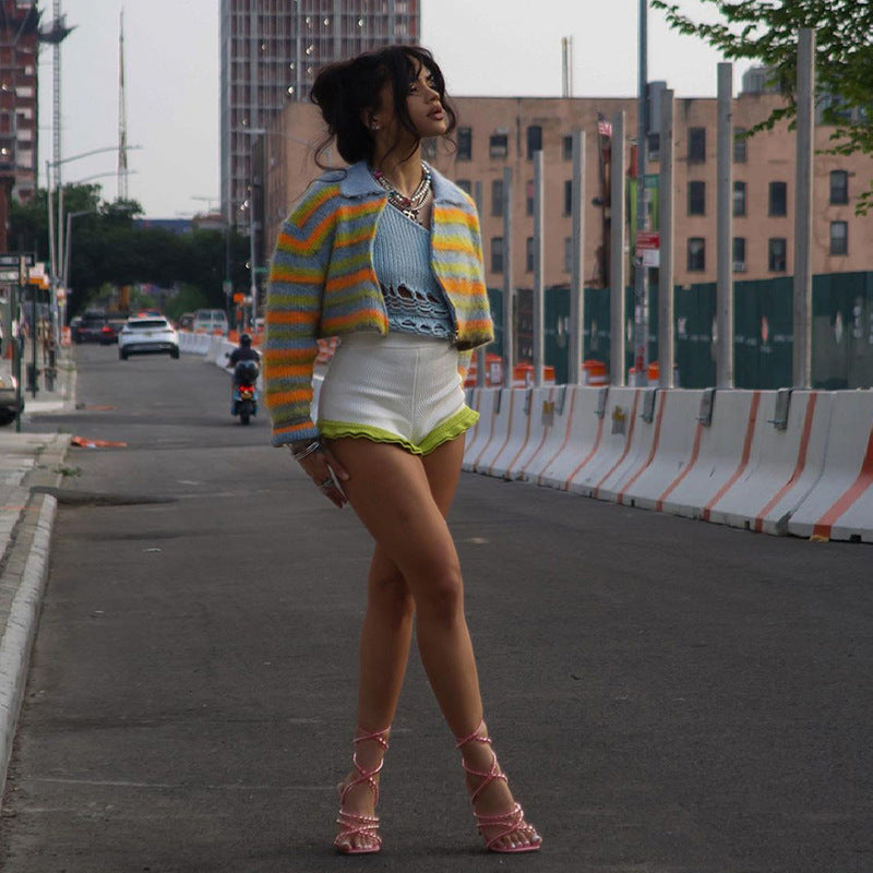 Summer Clothing Contrast Color Collared Slim Fit Knitted Cardigan Coat for