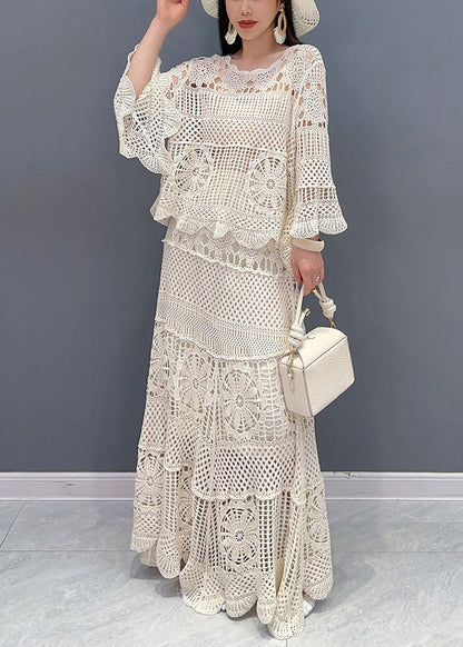 Beige Hollow Out Tops and Skirts Knit Two Piece Set Long Sleeve