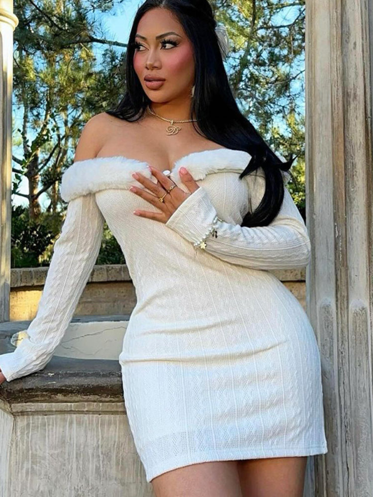 Taruxy Splice Fur Collar Mini Dress for Off Shoulder Slim Temperament Bodycon Dresses Femme Party Dress Woman
