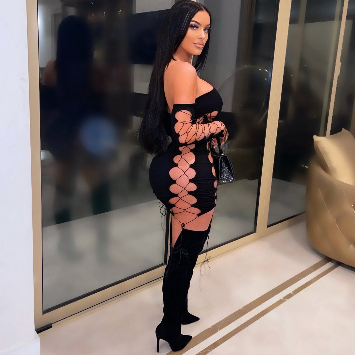’s Cutout Strap Off Shoulder Chest Wrapped Dress – Bodycon Mini Dress