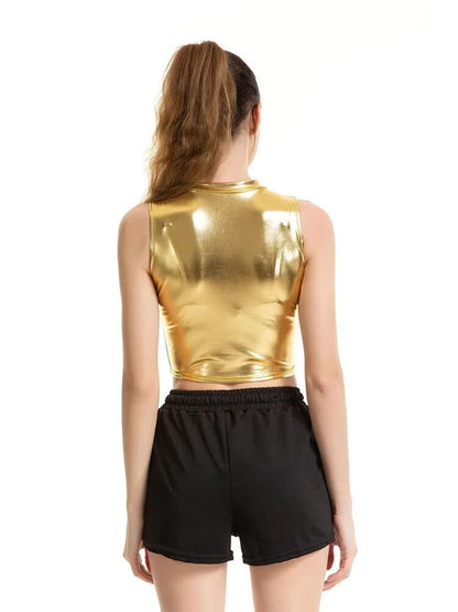 Crop Top Shiny Material Leather Sleeveless Vest Sports Tank Tops Gold Silver Shining Colorful Green Red Clothes