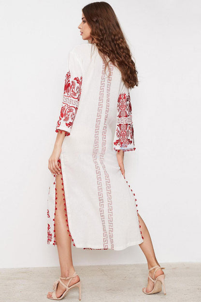 V-neck Embroidered Slip Midi Dress