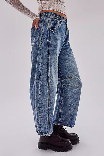 Pocket Without Belt Mid Waist Loose Denim Jeans(no Belt)