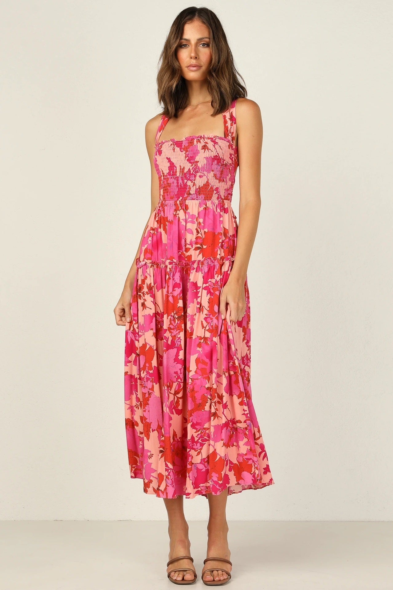 Smocked Elastic Cami Midi Dress Red