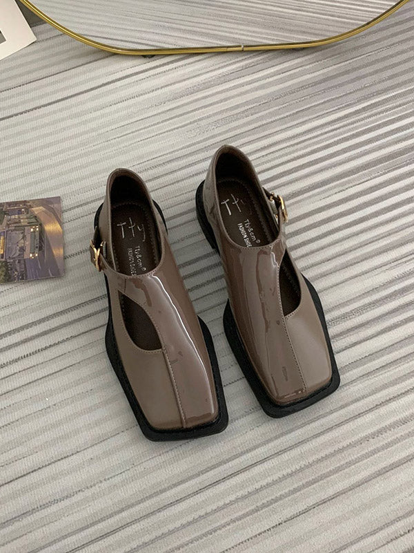 Buckle Hollow Split-joint Square-toe Flat Shoes Loafers