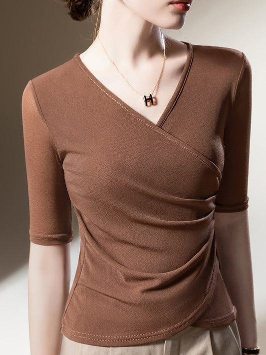 Half Sleeves Asymmetric Pleated Color Split-joint V-neck T-shirts Tops